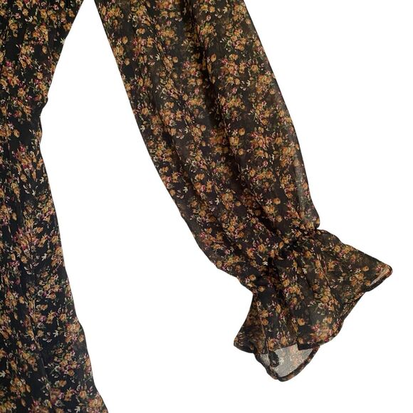 Bardot Midi Dress S Floral V Neck Long Sleeve Ruched Pleated Romantic Retro - Picture 5 of 10